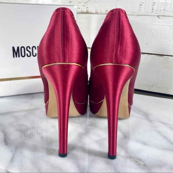 Moschino Red Satin Almond Toe Pumps w/ Bow - Picture 3 of 8